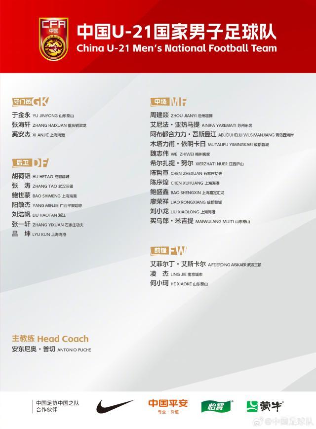 九游体育-U21男足最新一期集训名单：胡荷韬、木塔力甫入选